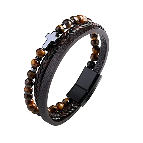 Dochais Pulsera Hombre, Pulsera De Acero Inoxidable De Cuero Genuino, Jesucristo Crucifijo Cruz Pulsera, Piedra Natural Pulsera Trenzada Con Cierre De Imán, Negro/Marrón (1Pcs)(B, marrón)