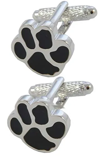 Gemelos Camisa Hombre Perro - Con Caja - Gemelos para Camisas - Impresión de la Pata - Animal Gato Veterinario - Latón - Color Negro y Plata - Un Par