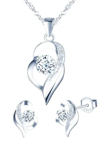 MICMIF Conjunto joyas de plata con circonita, collar corazón para mujer con colgante y cadena 45cm, pendientes corazón para niña, plata de ley 925 juegos de joyas para novia mamá fiesta