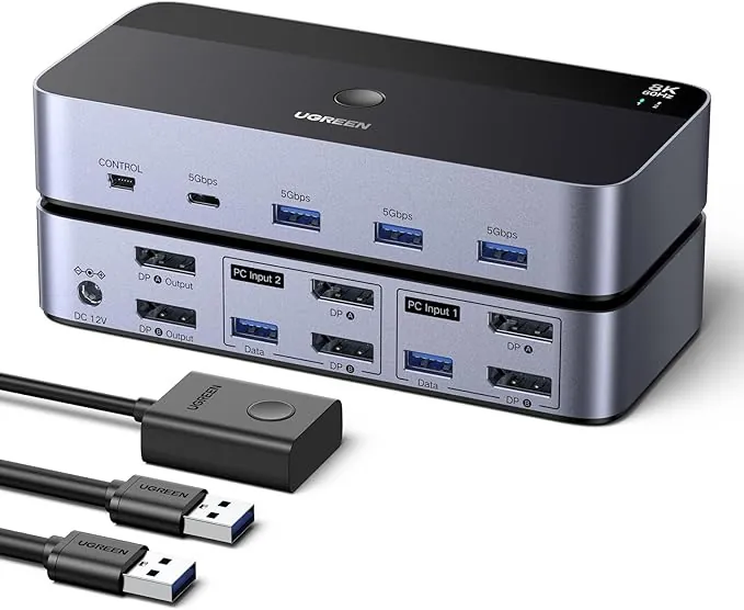 UGREEN Switch KVM DisplayPort 2 Entradas 2 Salidas 8K60Hz 4K240Hz Dos Monitores Conmutador con 4 Puertos USB 3A1C 5Gbps para Teclado, Ratón Disco Duro Controlador de Escritorio Cables USB Incluidos
