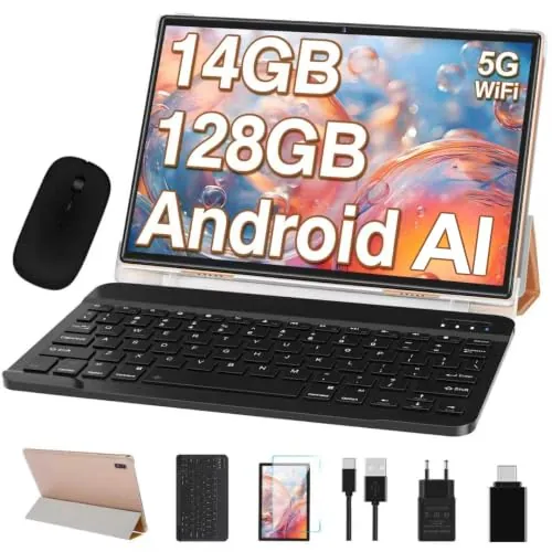 Tablet 10 Pulgadas Tablets Android, 14GB RAM+128GB ROM/TF 1TB, Octa-Core 2.0Ghz, 5G WiFi, BT 5.0, 3.5mm Audio, Batería 8000mAh, Cámara 5+8 MP, Widevine L1, Tablet con Funda, Ratón & Teclado - Dorado