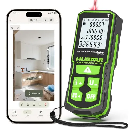 Huepar 120M Medidor Láser, APP Bluetooth, Múltiple Referencia&Medición,IP54 | M/In/Ft, Doble Ángulo, 3 Referencia, Medición Múltiple, 3 Potencia Métodos, Función Silencio, 30 Memoria, Bolsa, Roscada