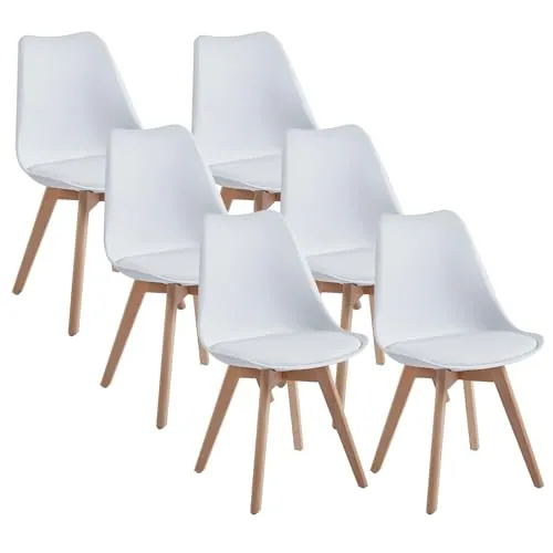 DEWINNER Pack de 6 Sillas de Comedor, Silla Blanca, Sillas de Cocina, Asiento Acolchado Tapizado y Patas de Madera Maciza de Haya
