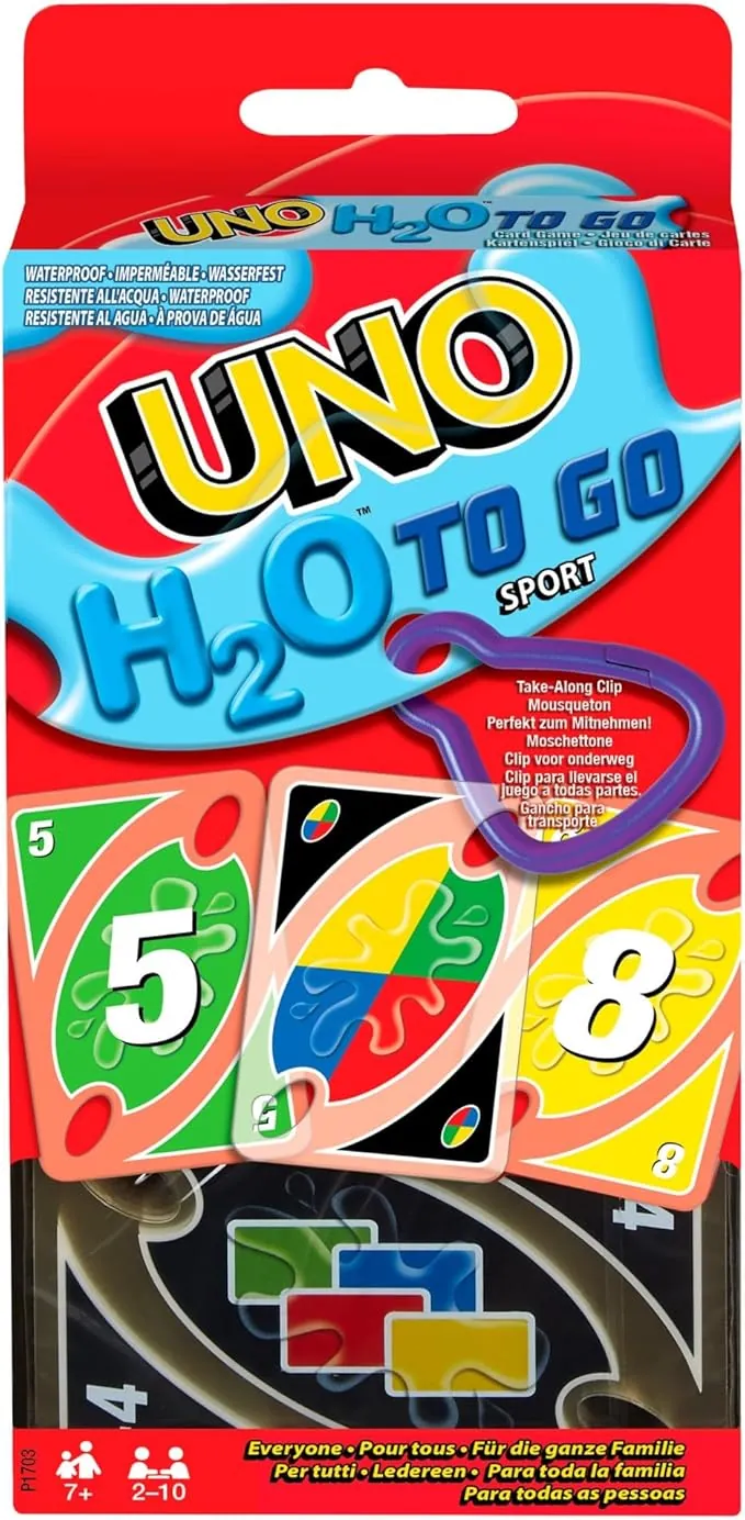 Mattel Games UNO H20 To Go, Juego de Cartas Resistentes al Agua, para niños +7 años y Adultos, Ideal para Playa , Nieve y Viajes , P1703