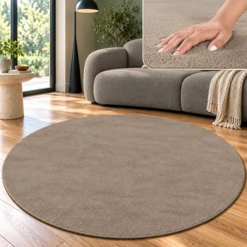 TT Home Alfombra Salón Taupe 200 cm Redondo Lavable y Pelo Corto | Alfombra Moderna y Suave, Fácil De Limpiar y Antideslizante, Ideal Para Salón, Dormitorio, Habitación Infantil y Pasillo