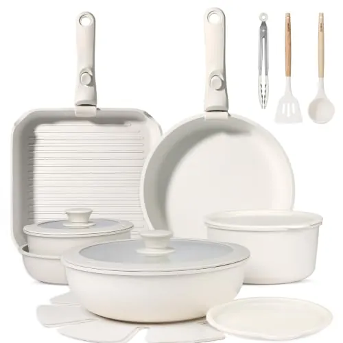 GiPP 19 PCS Juego de Ollas y Sartenes Induccion Antiadherentes Sin Toxicos | Bateria Cocina Mango Extraible, Apta para Todo Tipo de Cocinas Incluida Inducción y Horno, Compatible Lave-vaisselle, Blanco