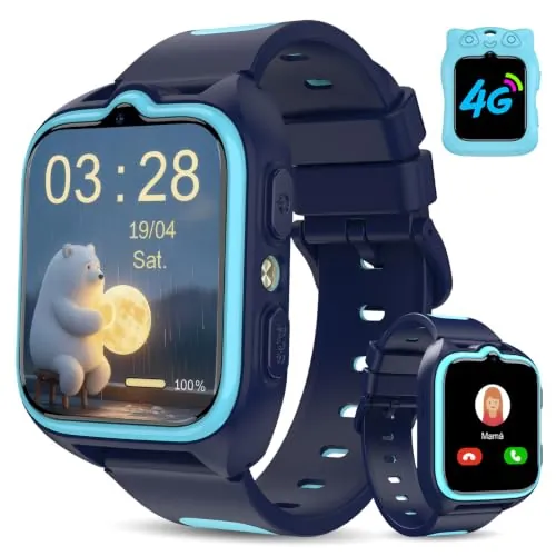IOWODO 4G Reloj Inteligente Niño con Videollamada & GPS, Smartwatch Niños con SOS, Linterna LED,Chat de Voz,Batería de 800 mAh, Modo Clase,Podómetro,Cámara, IP68, Regalo y Juguete para Niñas y Niños