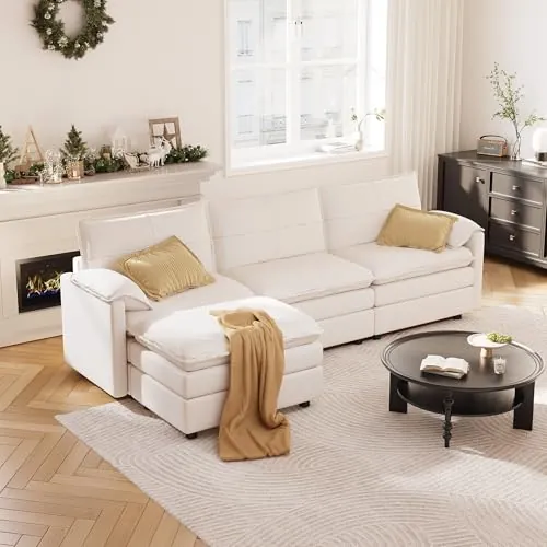 FLEXISPOT Sofá Cama de 4 plazas Sofá esquinero en Forma de L con reposapiés y Espacio de Almacenamiento, sofá Modular Que Ahorra Espacio para el salón-Blanco