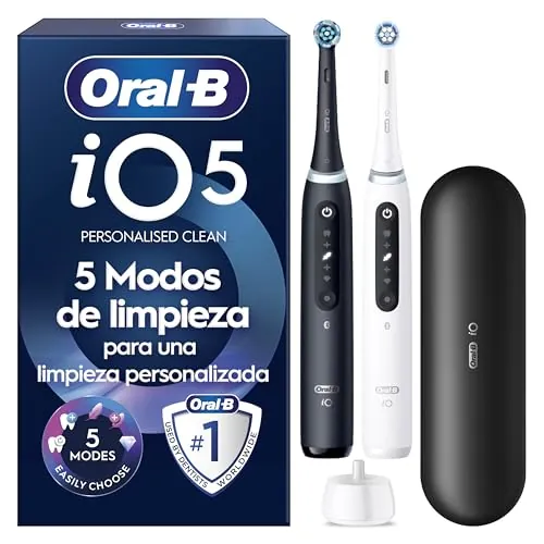 Oral-B iO 5N Cepillos de Dientes Eléctricos, Negro y Blanco, Pack de 2, 2 Cabezales - Cepillo Dental con 5 Modos de Cepillado, Sensor de Presión, Estuche de Viaje, Batería de Larga Duración