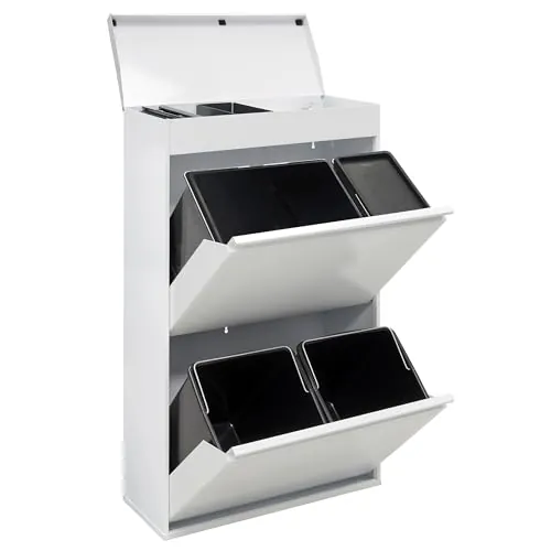 Arregui Top CR621-B2 Cubo de Basura y Reciclaje de 4 Compartimentos con Cajón Superior | 23+11+17+17 L (68 L) | con Cubetas para Envases y Orgánico | Contenedores de Reciclaje de Cocina | blanco