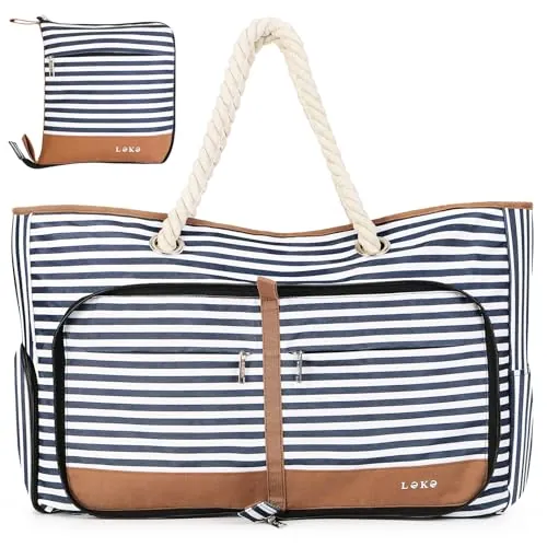 Lekespring Bolsa de Playa Grande XXL con Cremallera para Mujer, Bolso Familiar Impermeable y Plegable, Tote Bag con Compartimento Húmedo, Zapatos y 8 Bolsillos, Azul Rayas