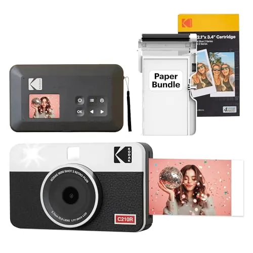 KODAK Mini Shot 2 Retro 4PASS 2-en-1 Cámara Instantánea e Impresora de Fotos (5,3x8,6cm) + Pack con 38 Hojas, Blanco