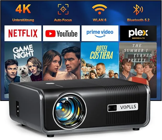 【App Oficial & Auto Focus/Keystone】 30000 Lumen Smart Proyector 4K Soporte WiFi 6 Bluetooth Full HD 1080P, VOPLLS Proyector Portatil con Dolby Audio Projector Cine en Casa para iOS/Android