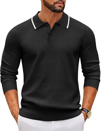 COOFANDY Jersey Cuello Polo Hombre Punto Suave Casual Negro XXL | Jersey cuello polo, punto suave, no se arruga, fácil cuidado, ideal para un look casual de uso diario