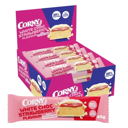 Barritas de Proteínas, Corny Protein,Soft Chocolate Blanco y Fresa,13,5 gr de Proteínas, 0% Azúcares Añadidos, Ayudan al Desarrollo y Recuperación de la Masa Muscular, Pack 12x45g, Taste the Power