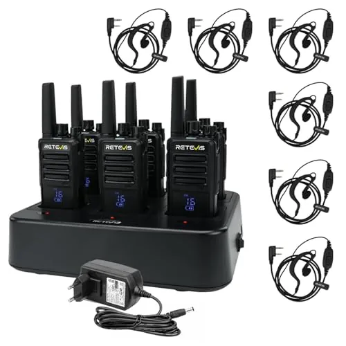 Retevis RT668H Walkie Talkie con Cargador de 6 Vías, Walkies con Pantalla,Walkie Talkie Profesional PMR 446 Licencia, Tipo C, Robusto con Auricular para la Hospitalidad, Comercial (6 Piezas, Negro)