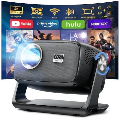Proyector 4K, Proyector Portatil WiFi 6 y Bluetooth 5.4, 30000 Lúm Projector de Cine Soporte Enfoque Automático y Rotación 180°, Projector para Teléfono/TV Stick/PC/PS5