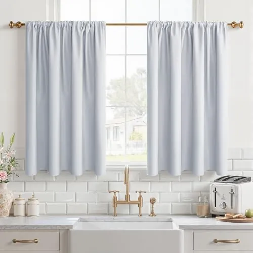 CUTEWIND Cortinas Cocina Cortas Opacas Termicas Aislantes Frio y Calor para Barra, 90x60 cm, Cortina para Bajo Fregadero Mueble de Cocina, Ventana Pequeña, 2 Piezas, Blanco Grisáceo