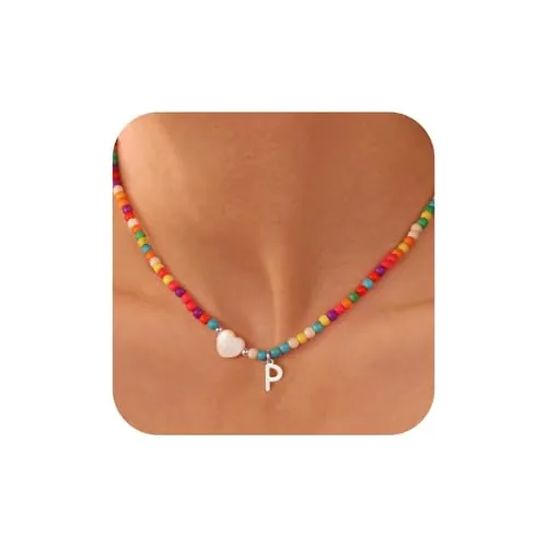TINGN Collar de perlas colorido, collar de perlas coloridas, cadena de perlas para mujer, cadena bohemia, cadena con letras, cadena personalizada para mujer, cadena de perlas A-Z, Latón