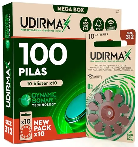 100 Pilas para Audífonos Tamaño 312 Marrones PR41 Udirmax | Zinc Aire 1.45V Sin Mercurio con Tecnología Dynamic Sonar Paquete Eco 10 Blísters de 10 Pilas