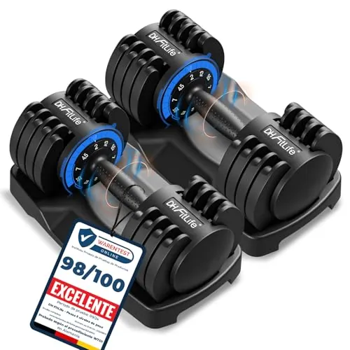DH FitLife Mancuernas Ajustables 5 en 1, 2–12 kg con 5 Niveles de Peso, Discos Variables, Set de 2 Unidades