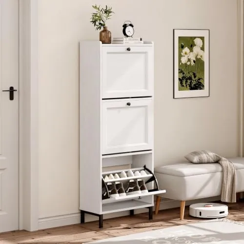 Blishom Mueble Zapatero Estrecho ,con 3 Puertas Abatibles, para 12-18 Pares | Zapatero Estrecho para Entrada Recibidor y Pasillo,Pie Gran Capacidad Ahorra Espacio, 50x24x130, Blanco