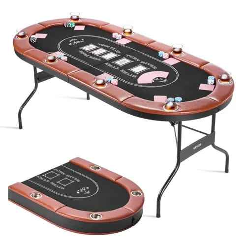 VEVOR Mesa de Póker Plegable de Casino, para 8 Jugadores con Rieles Acolchados y Portavasos, Portátiles Ovaladas, con Patas de Fieltro y Metal, para Texas Hold'em y Blackjack, 1830 x 820 x 720 mm