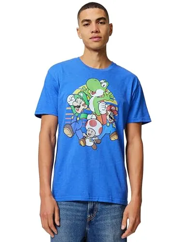 Nintendo Mario and Friends Circle Retro - Camiseta para Hombre, Azul Real Jaspeado, M