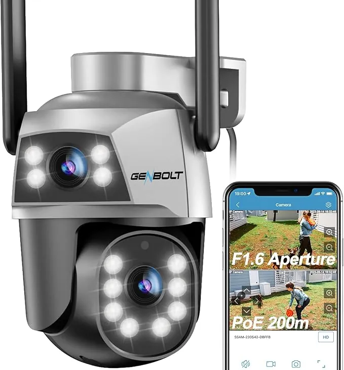 GENBOLT Camara Vigilancia Exterior 2,4&5GHz WiFi con PoE, Doble Lente CCTV Camara Vigilancia Domicilio WiFi del Hogar, PTZ Cámara IP con la Noche de Color, Seguimiento Automático