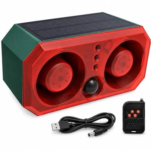 QingRain Alarma Solar con Sensor de Movimiento al Aire Libre: disuasorio de Coyotes de 130 dB, Sonido de bocinas duales, luz de Movimiento y Control Remoto, disuasorio de Animales para Patio, Granja