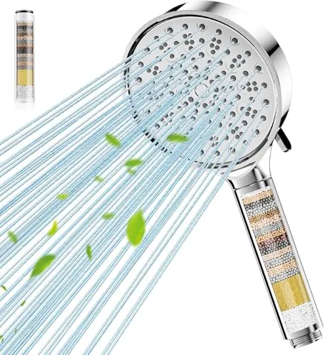 Cobbe Alcachofa de ducha con filtro, Ahorro de agua y filtración de 20 capas, 6 modos de chorro, Ducha de mano de alta presión, Alcachofa de ducha para eliminar agua dura, cloro, bacterias(Cromado)