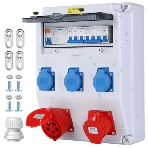 VAYALT Distribuidor de pared precableado, IP67, resistente al agua, distribuidor de corriente de construcción, 32 A con interruptor FI e interruptor LS, 3 enchufes Schuko de 230 V + 1 x CEE 16 A/32 A