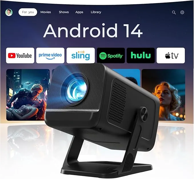 [Apps Integradas & Android 14] Mini Proyector con 5G WiFi 6 Bluetooth 5.4, Soporte 4K 1080P, Auto Keystone, 270° Rotable Projector Portátil Compatibile con HDMI/TV Stick/Laptop/USB/iOS, LYNCAST, Negro