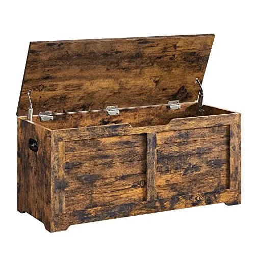 VASAGLE Puff Almacenaje, Banco Almacenaje con 2 Bisagras de Seguridad, Banco Zapatero, Estilo de Campo, 40 x 100 x 46 cm, para Pasillo Dormitorio Salón, Marrón Rústico LSB061T01