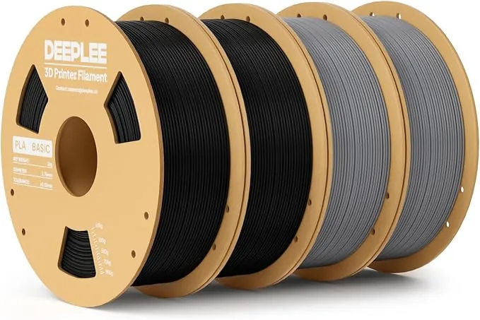 DEEPLEE PLA Basic 1.75 mm, Kit 4 Bobinas (2 Negro + 2 Gris) 4 kg. Precisión ±0.02 mm. Bobina Perfecta Sin Atascos. Ideal para Principiantes. Compatible con Impresoras FDM.
