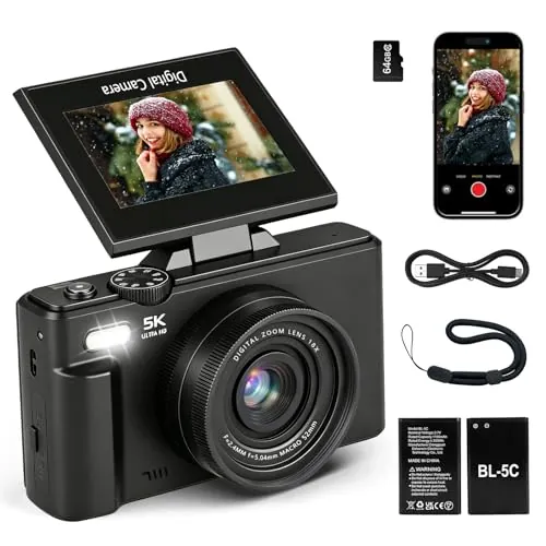 Cámara Digital 5K 75MP para Vlogs con Wi-Fi; Cámara Compacta con Pantalla LCD de 2.8" Abatible de y 180° Ideal para Principiantes en Viajes y Youtube; Autofoco, Zoomdigital 18X; Tarjeta 64GB