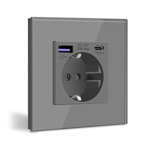 BSEED Enchufe de Pared con USB C 20W,Gris Schuko Enchufe con Cargador Rápido USB Tipo C,1 Gang Toma de Corriente con 2xCargadores USB y Typ C,Enchufe Integrado Adecuado