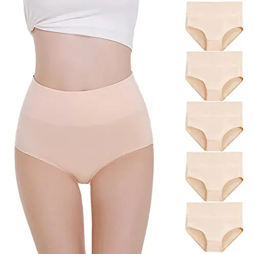 Falechay Bragas Mujer Slip Cintura Alta Algodón Pack de 5 Beige (Piel),L
