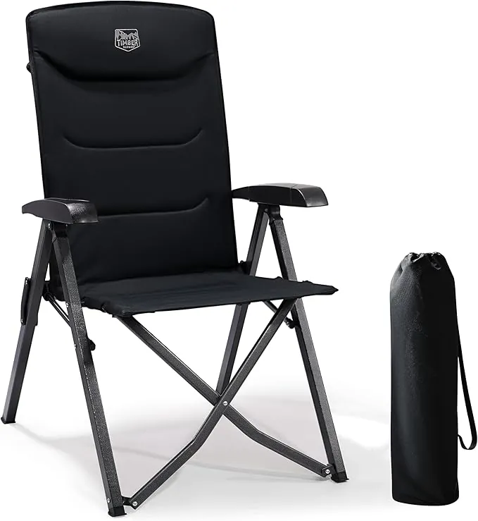 TIMBER RIDGE Silla de Camping Adulto 150kg Silla de Jardín Plegable Portátile de Alta Resistencia Respaldo Alto Sillas Reclinable de 4 Posiciones para Campamento Picnic Jardín Caravana (1 Pc, Negro)