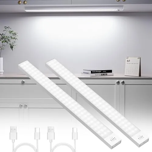 OUILA Luz LED Armario con Sensor de Movimiento, 2500mAh USB Recargable Luz LED Adhesiva 84 LEDs 4 Modos 43CM Luz Nocturna Magnética Luces para Armario, Gabinete, Pasillo, Escaleras, Cocina, 2 Piezas