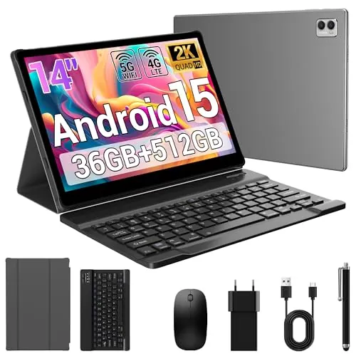 MIVASOLO Tablet 14 Pulgadas Android 15 Tableta con 4G LTE y 5G WiFi,36GB RAM+512GB ROM/2000 * 1200 FHD/11580mAh y 20W/Face ID/GPS/BT 5.0/TÜV/USB-C,Tablet con Lapiz,Gris