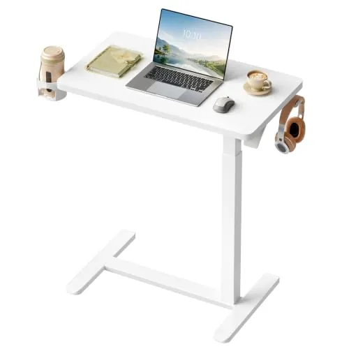 WOLTU Escritorio con Ruedas, Mesa Auxiliar Altura Ajustable, 70x40 cm | Forma C, Altura Ajustable entre 66 y 108 cm, Estructura de Acero, Soporte para Vaso y Auriculares, para Sofá y Cama, Blanco