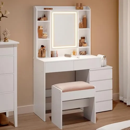 VASAGLE Tocador con Taburete LED de Brillo Ajustable, 98.3 x 40 x 145 cm
