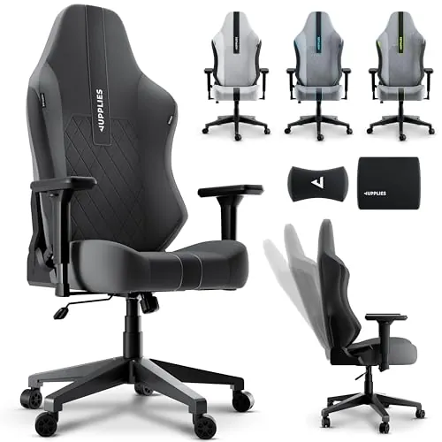 JUPPLIES Silla Gaming Premium Ergonómica – Sillas Gamer con Lino Transpirable, Reclinable 160°, Cojín Viscoelástico, Reposabrazos 4D y Base Hierro Reforzada (Negra)