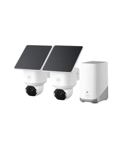 eufy Security eufyCam E42 Camara vigilancia WiFi Exterior Solar, Giro de 360°, Seguimiento con IA, resolución 4K, luz estroboscópica, inalámbrica, sin Costo mensual, 2-CAM Kit + HomeBase S380