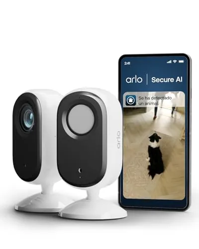 Arlo Essential 3 Indoor Camara Vigilancia Bebe/Mascotas HD, Sensor de Movimiento, Alarmas para Casa, Visión Nocturna, Prueba Secure Incluida, con Cubierta de Lente automática, 2 Cámaras, Blancas