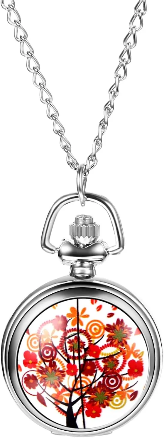 JewelryWe Reloj Bolsillo Analógico Cuarzo: Reloj de Bolsillo Estampado para Mujer Esfera con Números Arábigos Cadena Jumper de Acero Inoxidable - para Coleccionar Nostalgia Regalos