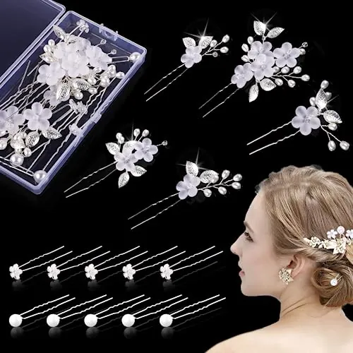 Juego de 15 horquillas para el pelo de boda con perlas y flores, horquillas en forma de U con diamantes de imitación, horquillas para novia y dama de honor (plata, 3 estilos)