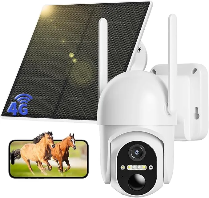 4G LTE Camara Vigilancia Exterior con Panel Solar, 2K 360° PTZ Cámara Vigilancia con Tarjeta SIM, PIR Detección de Movimiento, Visión Nocturna en Color, Audio Bidireccional, IP66 Impermeable