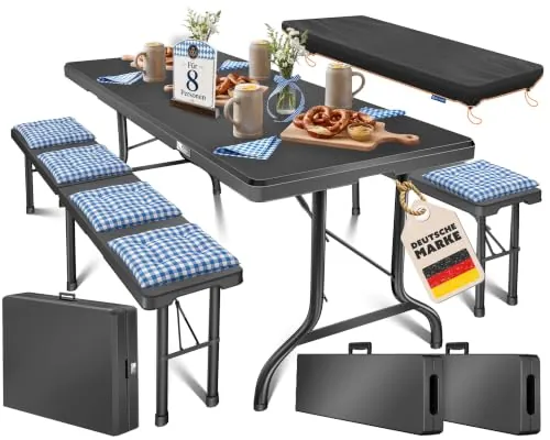 KESSER® Juego de Tienda de Cerveza - Juego de 3 Piezas, Mesa + 2X Banco, Mesa Plegable, Plástico, Juego de jardín con Aspecto de ratán/Plegable, Asas de Transporte, 73x180x75 cm, Liso - Negro